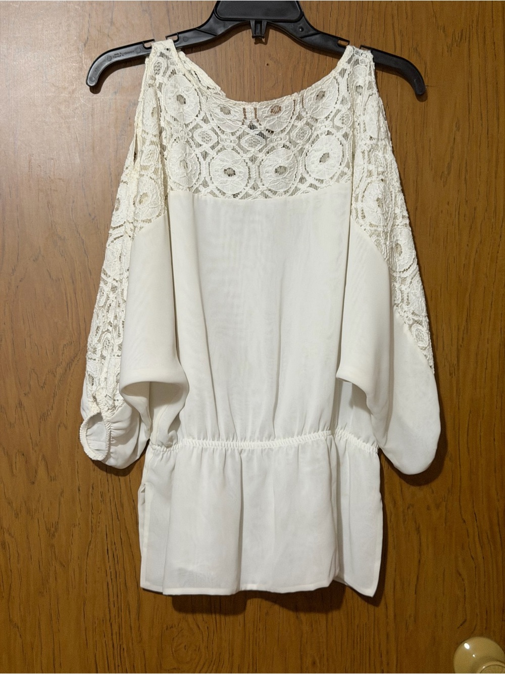 Celine Cream Lace-Paneled Long Sleeve Peplum Dress